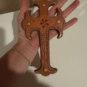 Hand‎ Tooled Leather Cross Wall Hanging Ornament Brass Studs Tan Gold Rustic